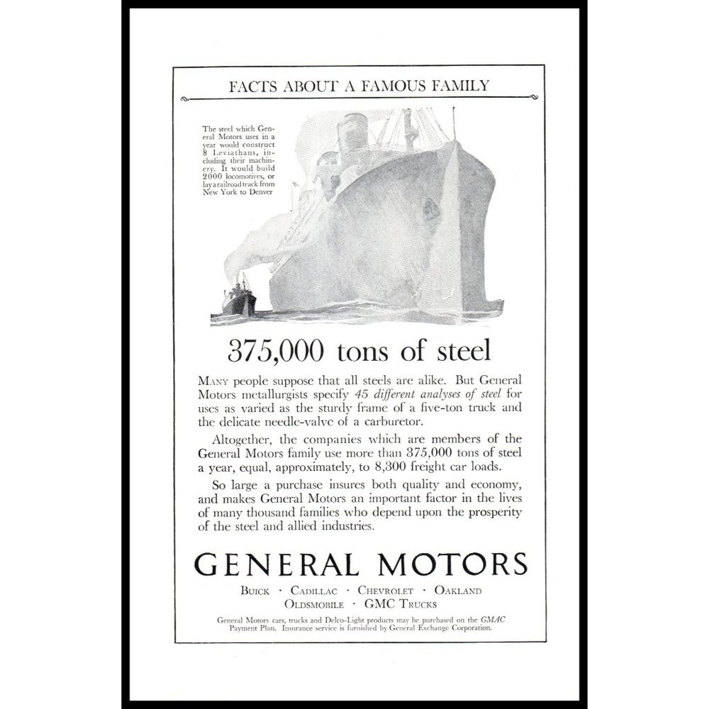 1924 GM General Motors Vintage Print Ad Leviathan Ship 375,000 Tons of Steel Art